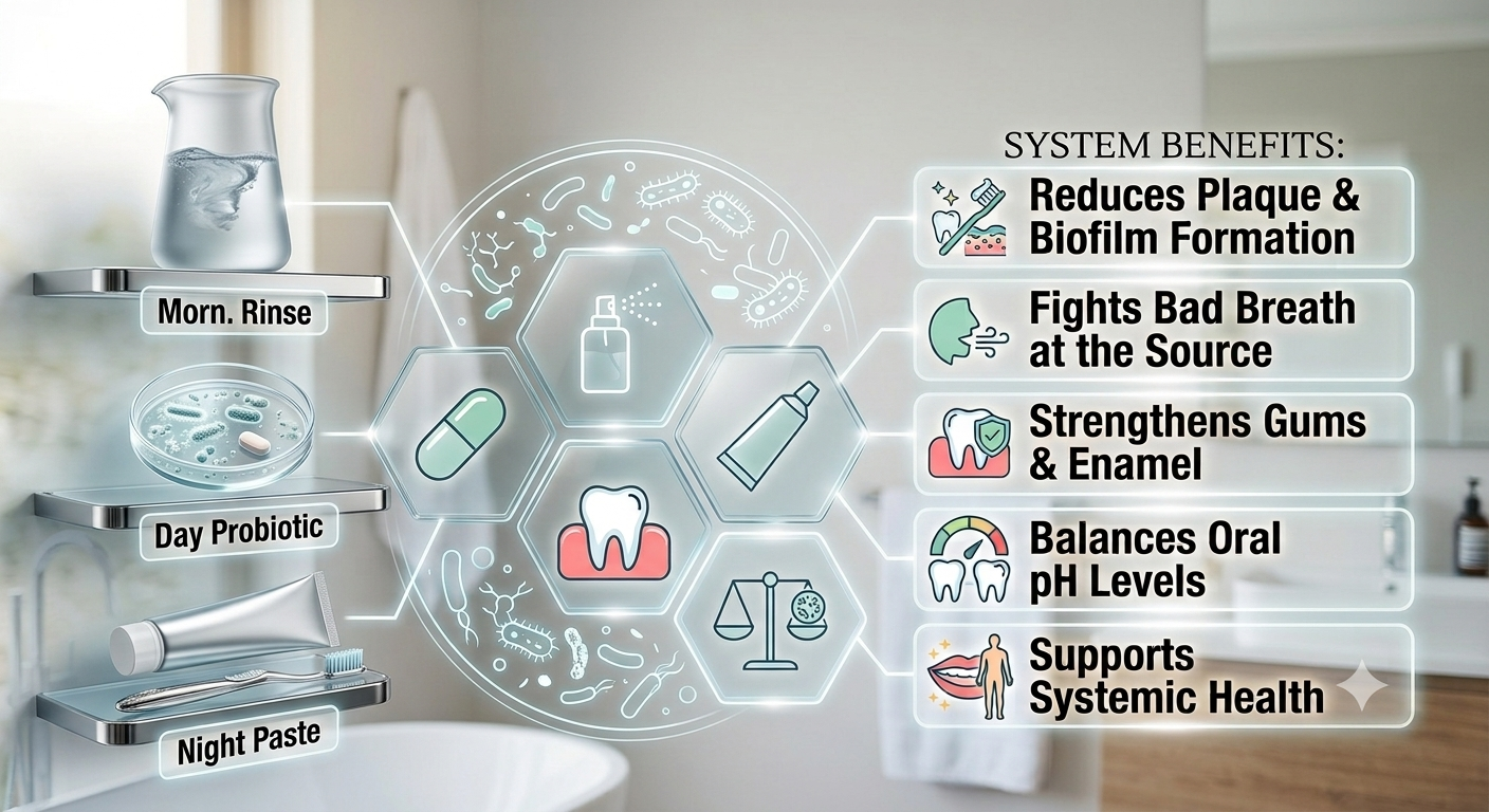 Infographic showing the system benefits of a 3-step oral microbiome routine, including a morning rinse, day probiotic, and night paste, set against a clean bathroom background.