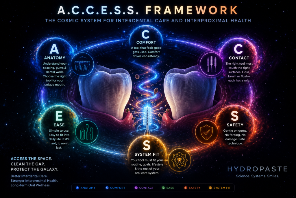 A.C.C.E.S.S. Framework infographic for interdental care, showing anatomy, comfort, contact, ease, safety, and system fit for plaque removal and interproximal health.