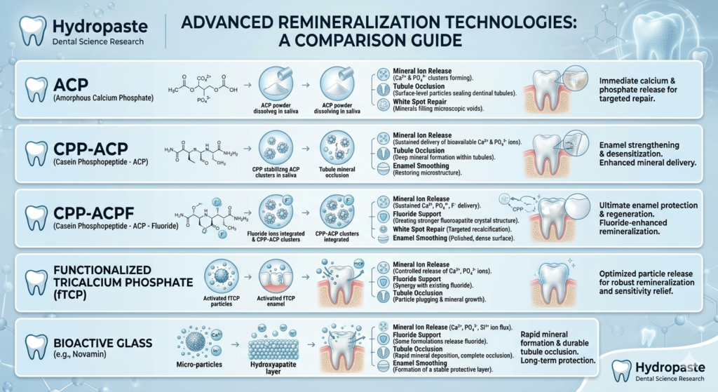 A detailed comparison infographic from Hydropaste Dental Science Research outlining five key remineralization technologies: ACP, CPP-ACP, CPP-ACPF, fTCP, and Bioactive Glass (Novamin), illustrating their chemical structures, mechanisms of action, and dental benefits like mineral ion release, fluoride support, and tubule occlusion.