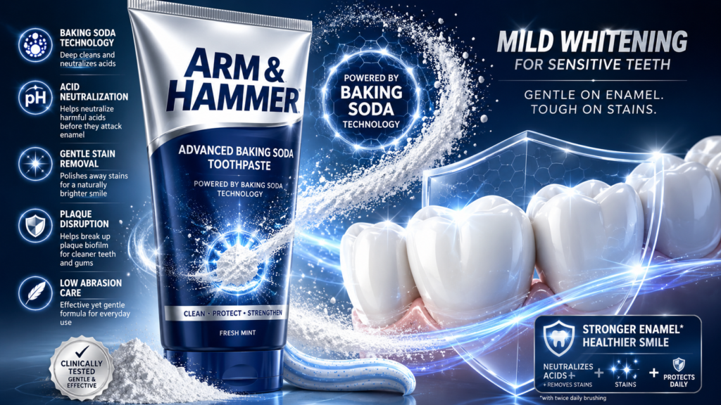 Arm & Hammer baking soda toothpaste image showing mild whitening, acid neutralization, plaque control, stain removal, and enamel protection.
