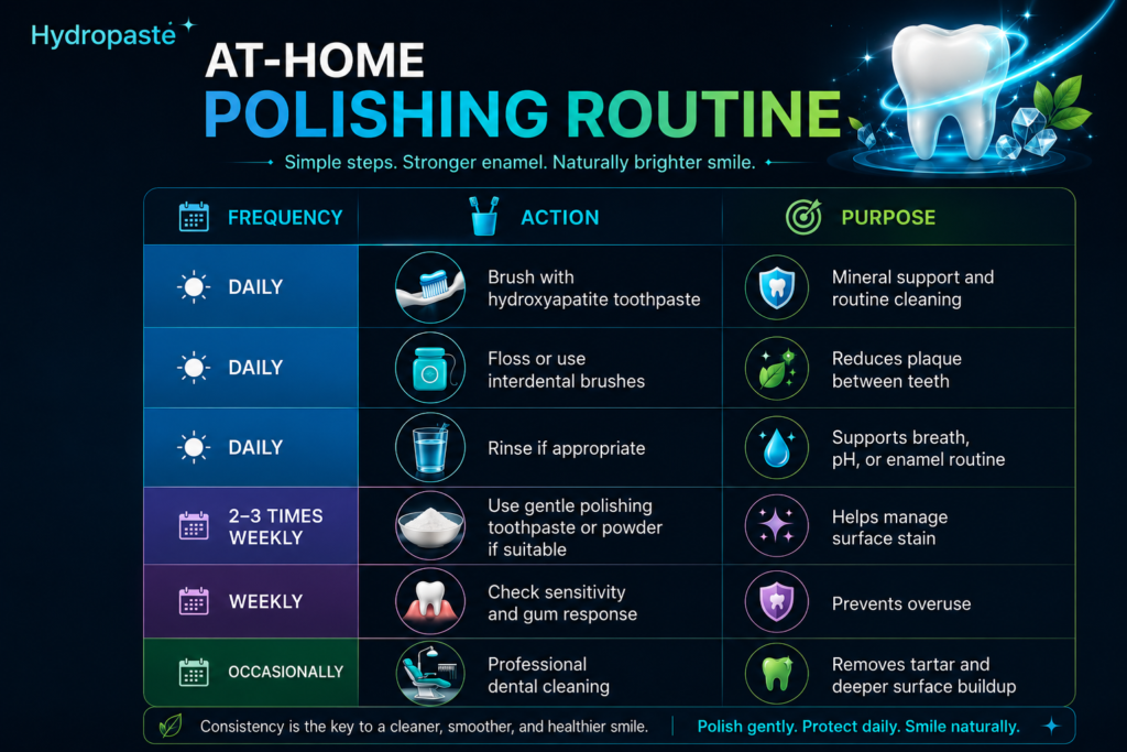 At-home polishing routine infographic showing daily hydroxyapatite toothpaste, flossing, rinsing, gentle polishing powder, sensitivity checks, and professional dental cleaning.