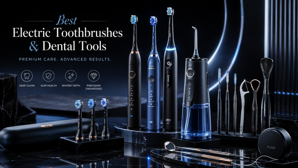 Best electric toothbrushes and dental tools image showing premium sonic toothbrushes, water flosser, interdental brushes, floss tools, tongue cleaner, and advanced oral-care accessories.