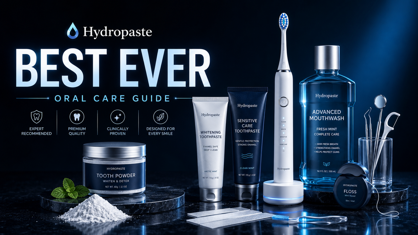 Best Ever oral care guide hero image showing premium toothpaste, mouthwash, electric toothbrush, floss tools, tooth powder, whitening care, and dental tools by Hydropaste.