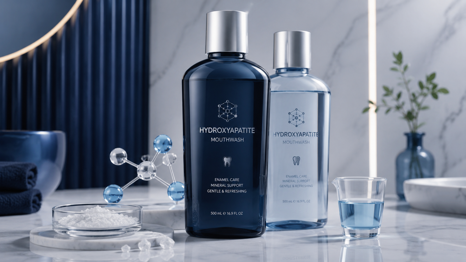 Best hydroxyapatite mouthwash image showing premium hydroxyapatite rinse bottles with enamel care minerals, measuring cup, and clean oral care ingredients on a marble bathroom counter.