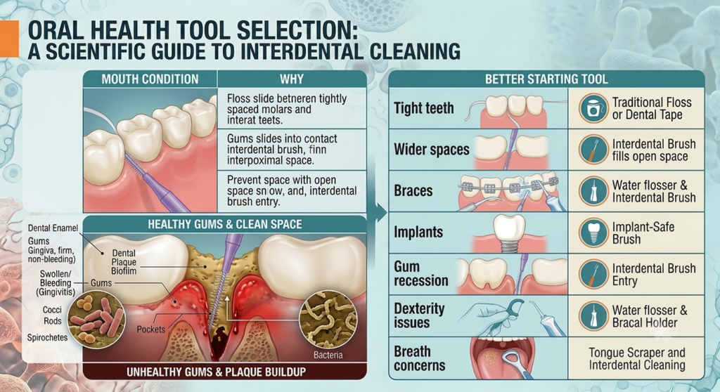A scientific infographic chart titled 'A Scientific Guide to Interdental Cleaning' that compares the best interdental cleaning tools—floss, interdental brushes, water flossers, and tongue scrapers—for different mouth conditions, including tight teeth, braces, implants, and gum recession.
