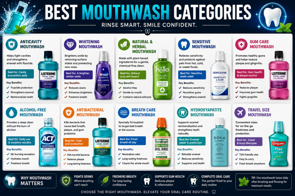 Best mouthwash categories infographic showing alcohol free mouthwash, hydroxyapatite mouthwash, bad breath mouthwash, gum health mouthwash, and dry mouth rinse options.
