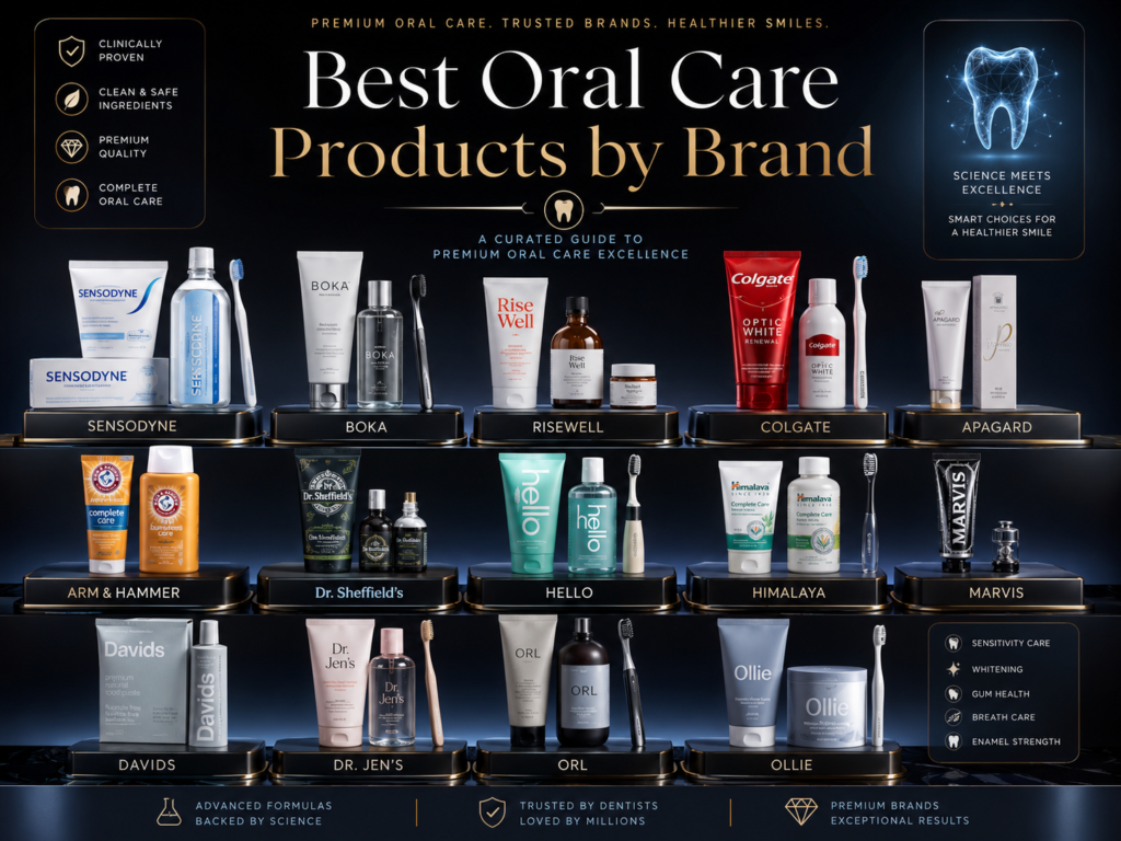 Best oral care products by brand image showing premium dental brands including Sensodyne, Boka, RiseWell, Colgate, Apagard, Arm & Hammer, Dr. Sheffield’s, Hello, Himalaya, Marvis, Davids, Dr. Jen’s, ORL, and Ollie.