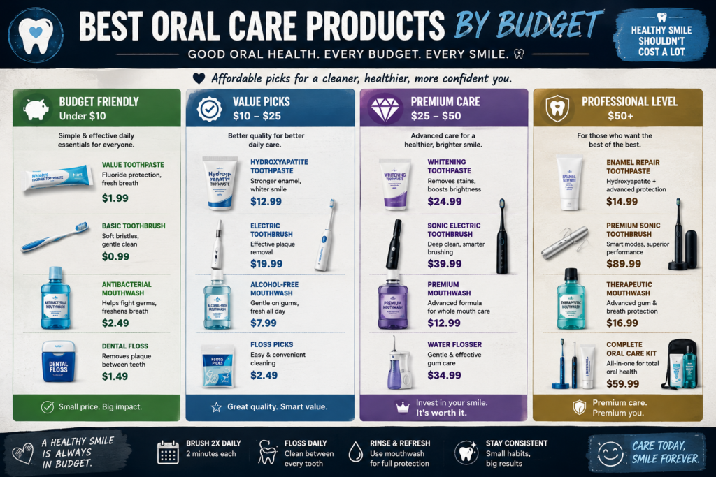 Best oral care products by budget infographic showing affordable toothpaste, toothbrushes, mouthwash, dental floss, hydroxyapatite toothpaste, electric toothbrushes, water flossers, and premium oral-care kits.
