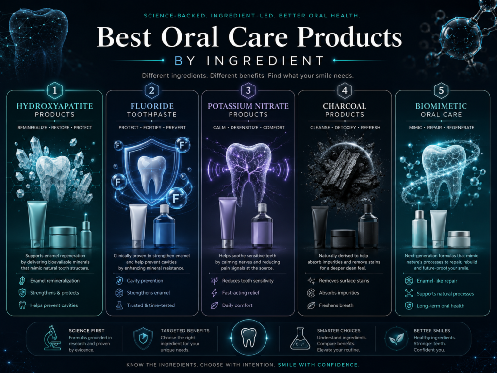 Best oral care products by ingredient infographic showing hydroxyapatite products, best fluoride toothpaste, potassium nitrate products, best charcoal toothpaste, and biomimetic oral care.