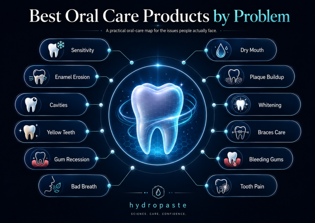 Best oral care products by problem infographic showing sensitivity, enamel erosion, cavities, yellow teeth, gum recession, bad breath, dry mouth, plaque buildup, whitening, braces care, bleeding gums, and tooth pain.