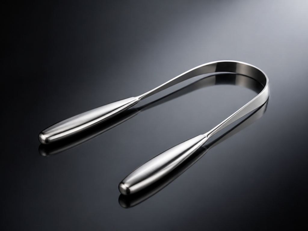 High quality stainless steel tongue scraper displayed on a dark background, showing a durable curved design for daily tongue cleaning and fresher breath.