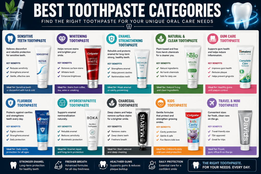 Best toothpaste categories infographic showing sensitive teeth toothpaste, whitening toothpaste, enamel strengthening toothpaste, natural toothpaste, gum care toothpaste, fluoride toothpaste, hydroxyapatite toothpaste, charcoal toothpaste, kids toothpaste, and travel toothpaste.