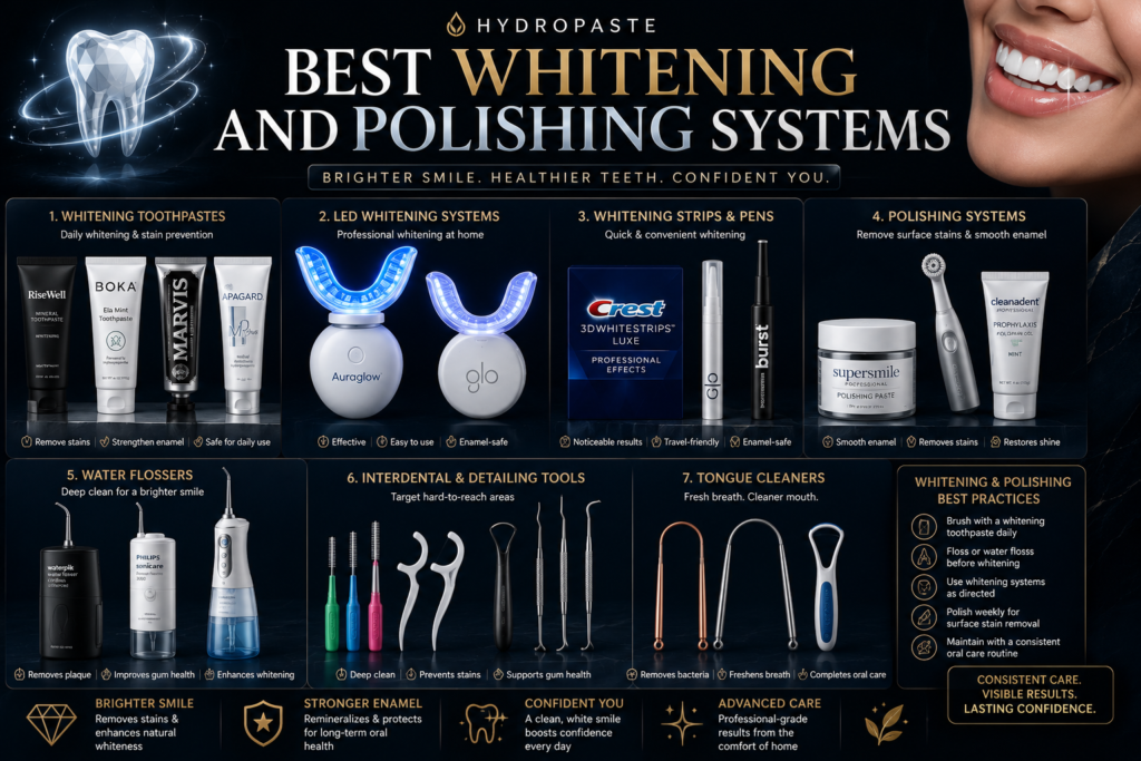 Best whitening and polishing systems image showing whitening toothpaste, LED whitening systems, whitening strips, polishing paste, tooth powder, water flossers, interdental tools, and tongue cleaners for a brighter smile.