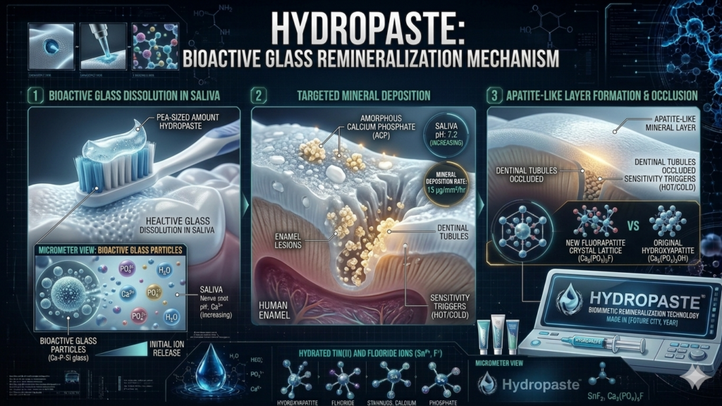 A detailed medical infographic illustrating the mechanism of action of Hydropaste bioactive glass toothpaste in three stages. Stage 1 shows bioactive glass particle dissolution in saliva and initial ion release (Calcium, Phosphate, Fluoride). Stage 2 shows targeted mineral deposition of amorphous calcium phosphate (ACP) into enamel lesions and dentinal tubules. Stage 3 illustrates apatite-like layer formation on the tooth surface and complete occlusion of dentinal tubules, with a comparison of New Fluorapatite vs. Original Hydroxyapatite crystal lattices.