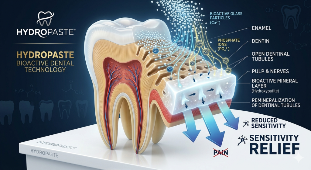 A premium clinical cutaway diagram of a tooth showing how bioactive glass toothpaste releases calcium and phosphate ions to form a protective mineral layer, blocking open dentinal tubules to relieve tooth sensitivity.