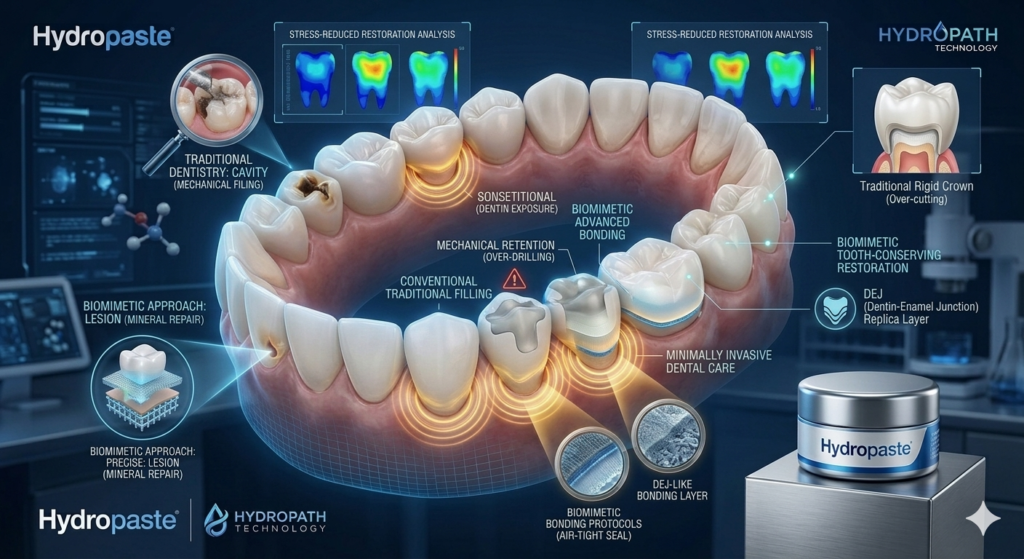 Editorial dental science infographic mapping biomimetic dentistry principles vs traditional restorations, highlighting stress-reduced bonding, tooth-conserving repairs, and minimally invasive dental care on a 3D jaw model.