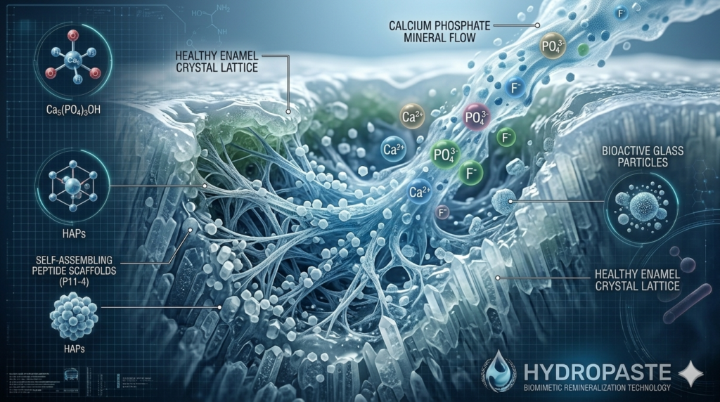 A high-resolution scientific infographic displaying biomimetic enamel remineralization inside a microscopic tooth lesion, featuring self-assembling peptide scaffolds, hydroxyapatite particles, and a flowing calcium phosphate mineral matrix under clinical blue-white lighting with Hydropaste branding.