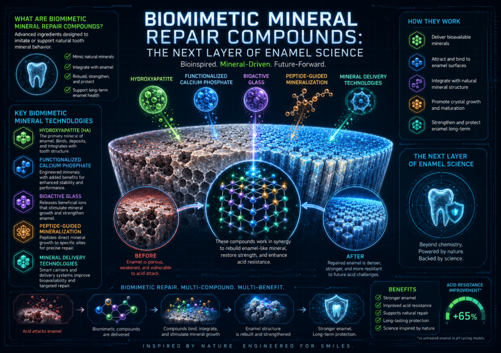 Scientific infographic illustrating biomimetic tooth repair technologies, including hydroxyapatite, calcium phosphate, bioactive glass, peptide-guided mineralization, and mineral delivery systems working together to rebuild and strengthen enamel.