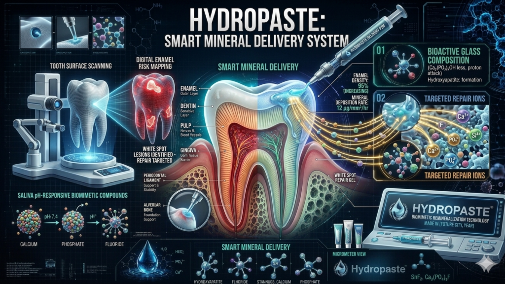 A high-resolution futuristic medical infographic illustrating a biomimetic tooth repair system. The image shows a full cross-section of a tooth being treated by a smart mineral delivery pen. It details tooth surface scanning, digital enamel risk mapping, targeted white spot repair, and molecular views of saliva pH-responsive biomimetic compounds (Calcium, Phosphate, Fluoride). Bioactive glass composition and targeted repair ion deposition are highlighted with data readouts.