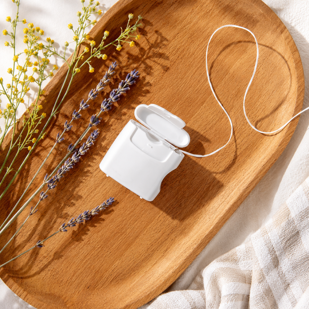 Boka dental floss on a wooden tray with purple lavender and yellow flowers for a natural oral care routine