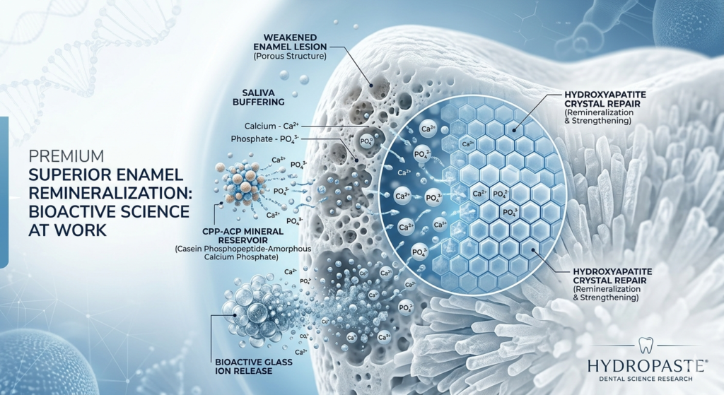 A detailed microscopic infographic illustrating how Hydropaste delivers calcium and phosphate ions from bioactive glass and a CPP-ACP reservoir to repair a weakened enamel lesion through hydroxyapatite crystal formation.