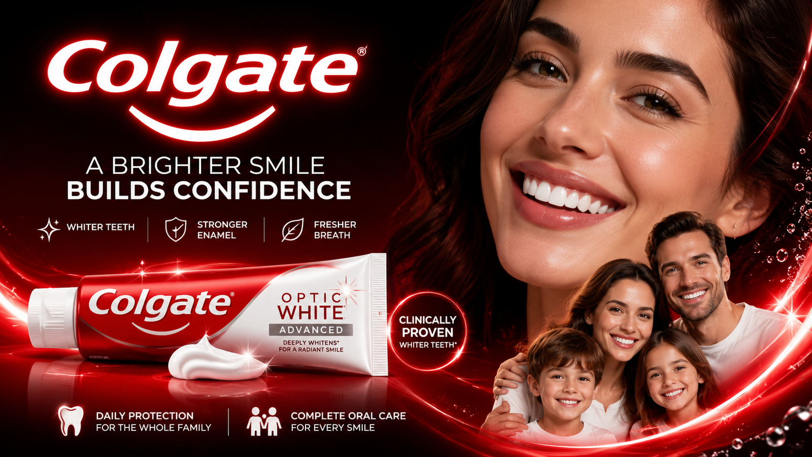 Colgate toothpaste image showing a bright white smile, red oral-care design, whitening toothpaste, fresh breath, fluoride care, and family oral health support.