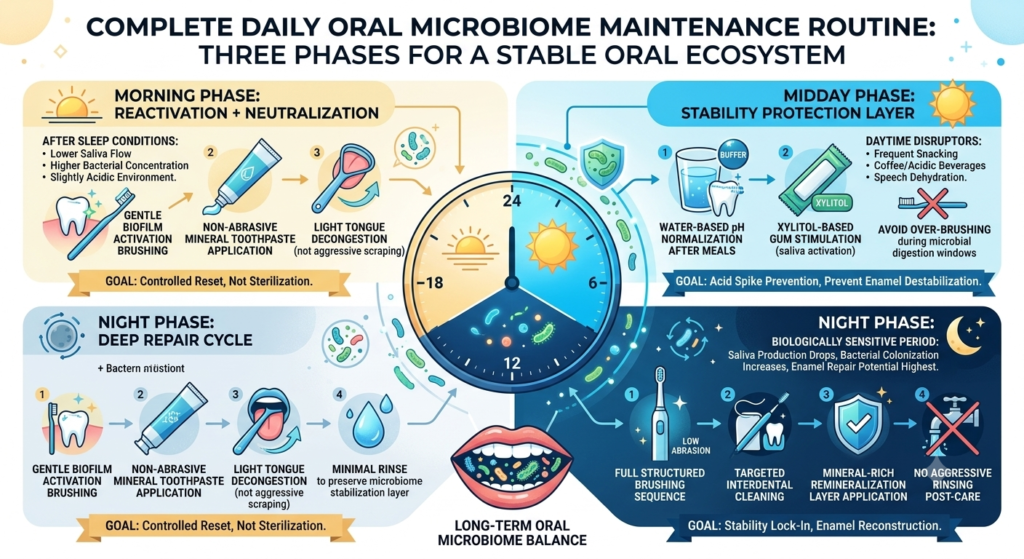 A detailed infographic showing a 24-hour oral microbiome maintenance routine split into three phases: Morning (Reactivation + Neutralization), Midday (Stability Protection Layer), and Night (Deep Repair Cycle) around a central clock graphic.