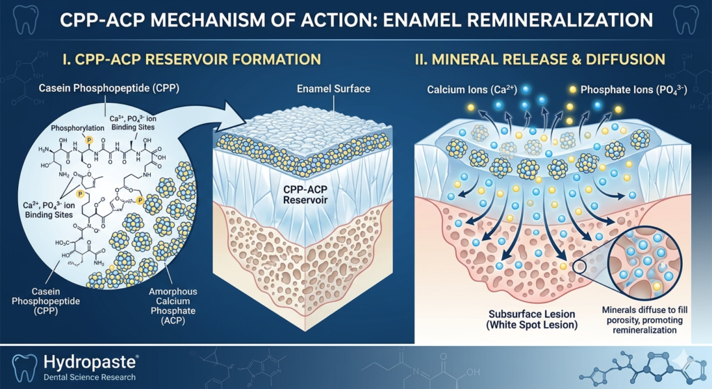An educational dental diagram showing how CPP-ACP toothpaste forms a calcium phosphate reservoir on the enamel surface and diffuses calcium and phosphate ions deep into a subsurface white spot lesion.