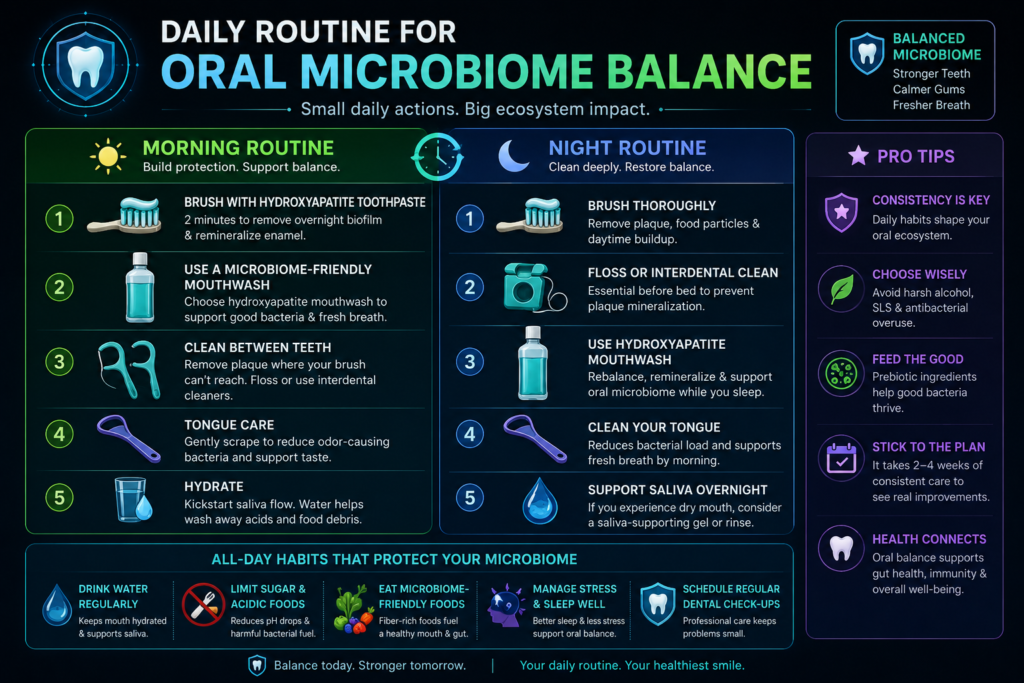 Daily routine for oral microbiome balance infographic showing morning oral care, night brushing, flossing, tongue cleaning, hydration, and microbiome-friendly mouthwash.