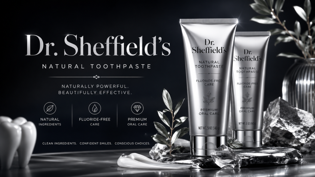 Dr. Sheffield’s natural toothpaste image with silver platinum tubes, fluoride-free care, plant-based ingredients, and premium oral-care design.