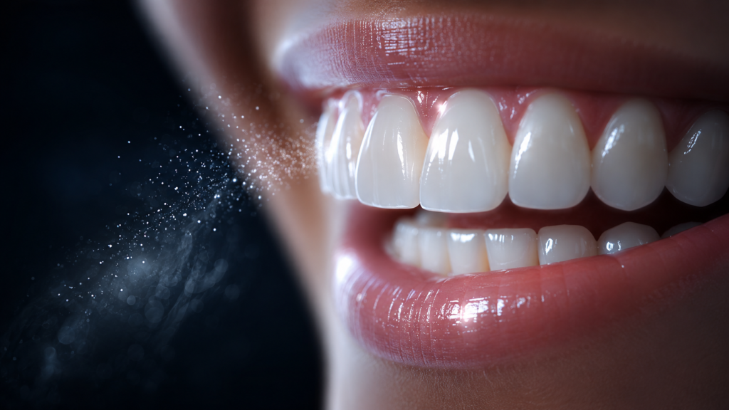 Smiling man with clean smooth teeth representing enamel polishing and tooth polish results on a dark background.