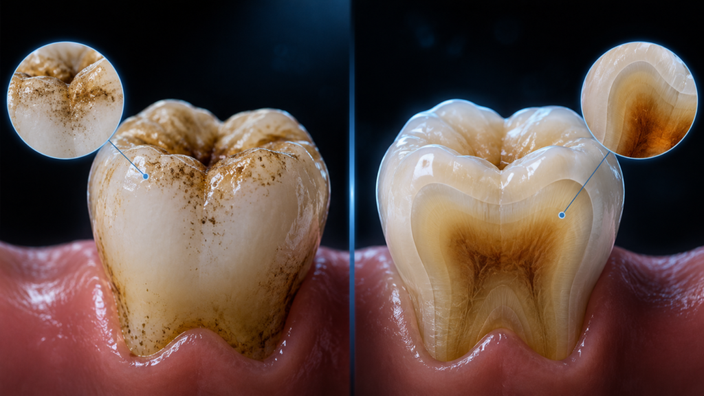 Split-view dental image comparing extrinsic tooth stains on the outer enamel surface with intrinsic stains inside the tooth structure.