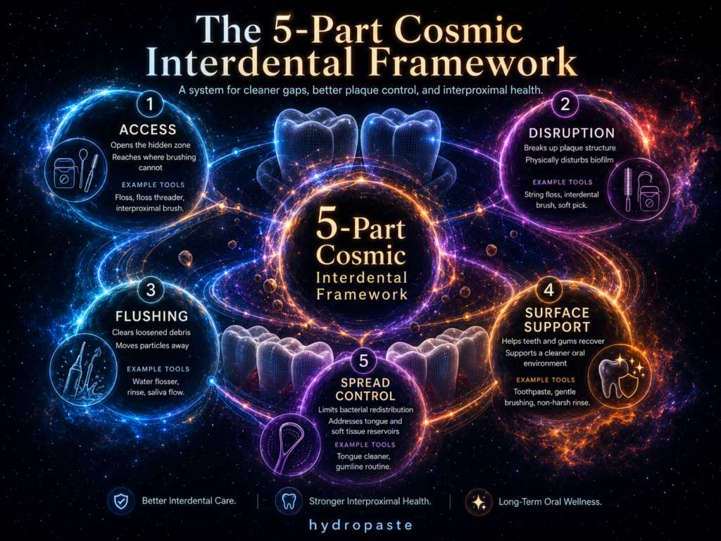 The 5-Part Cosmic Interdental Framework infographic showing access, disruption, flushing, surface support, and spread control for interdental plaque removal and interproximal health.