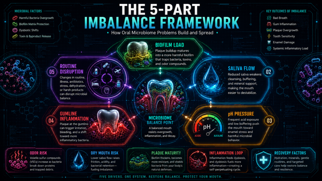 The 5-Part Imbalance Framework infographic showing biofilm load, saliva flow, pH pressure, gumline inflammation, and routine disruption in oral microbiome imbalance.