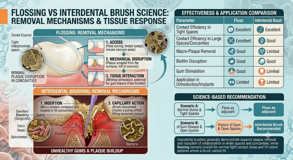 A comparative medical infographic on flossing vs interdental brush efficiency, showing how floss cleans tight spaces but misses concavities, while an interdental brush expands to clean grooves and inflamed pockets.