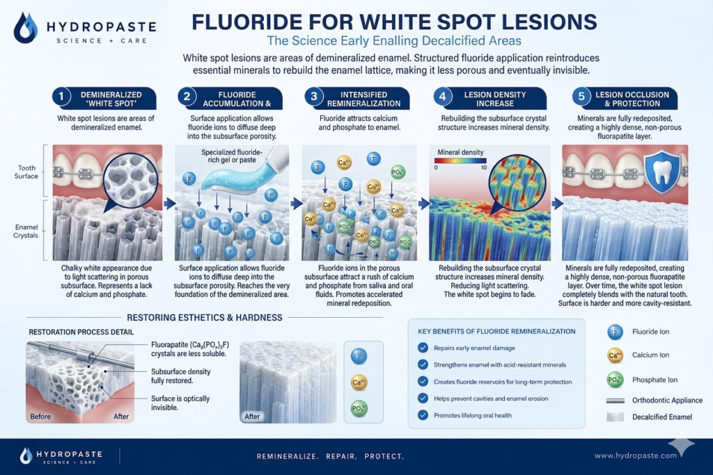 A dental infographic from Hydropaste showing how fluoride for white spot lesions works through a 5-step remineralization process to repair decalcified enamel.