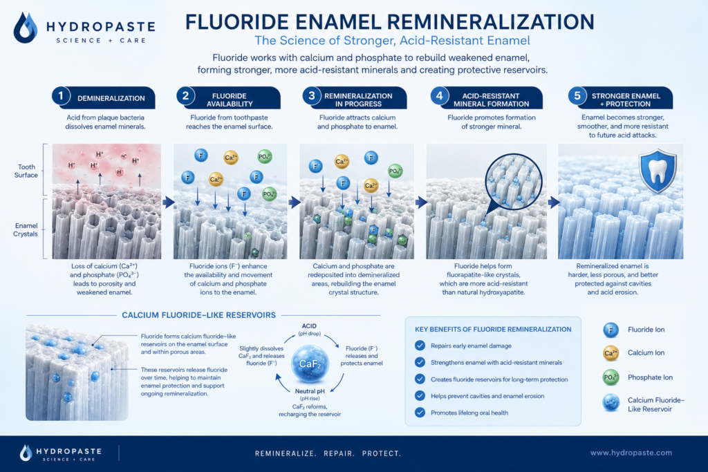An infographic explaining how fluoride toothpaste for enamel repair works through a 5-step remineralization process, transforming weakened enamel into acid-resistant minerals.
