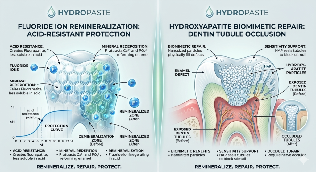 A comparative dental infographic from Hydropaste showing fluoride ion remineralization for acid resistance on the left, and hydroxyapatite biomimetic repair for dentin tubule occlusion on the right.