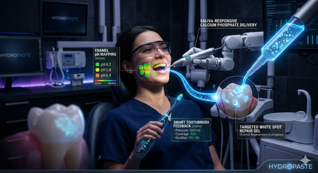 A futuristic dental clinic display showing a patient experiencing an advanced calcium phosphate mineral delivery system for targeted white spot repair, featuring enamel pH mapping and smart toothbrush feedback.
