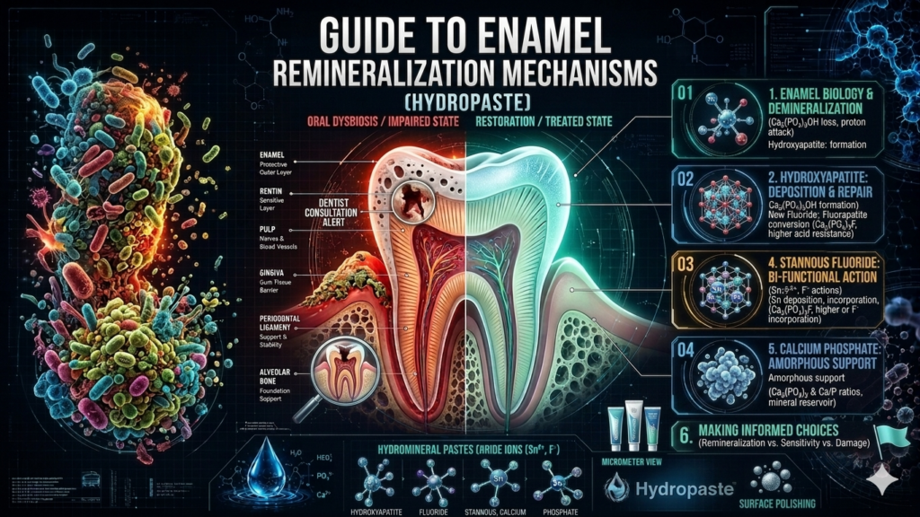 A detailed medical infographic comparing how hydroxyapatite, fluoride, stannous fluoride, and calcium phosphate work to regenerate enamel, featuring a split cross-section of a healthy and decayed tooth under microscopic view.