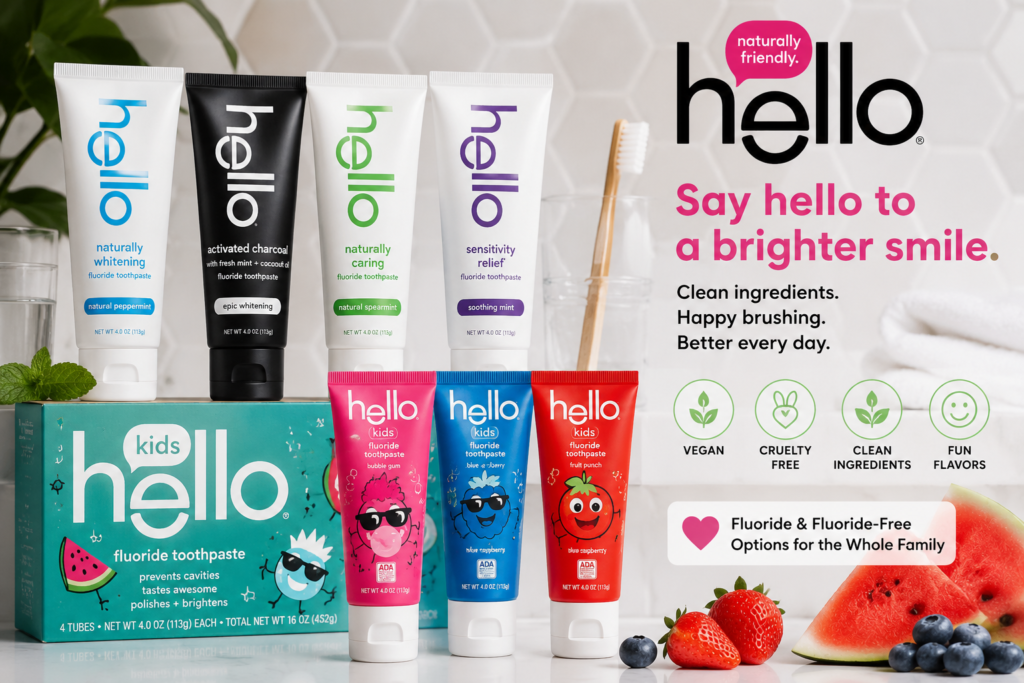 Hello toothpaste and Hello Kids toothpaste image showing clean-label oral care, vegan toothpaste, fluoride and fluoride-free options, fun kids flavors, and family brushing support.