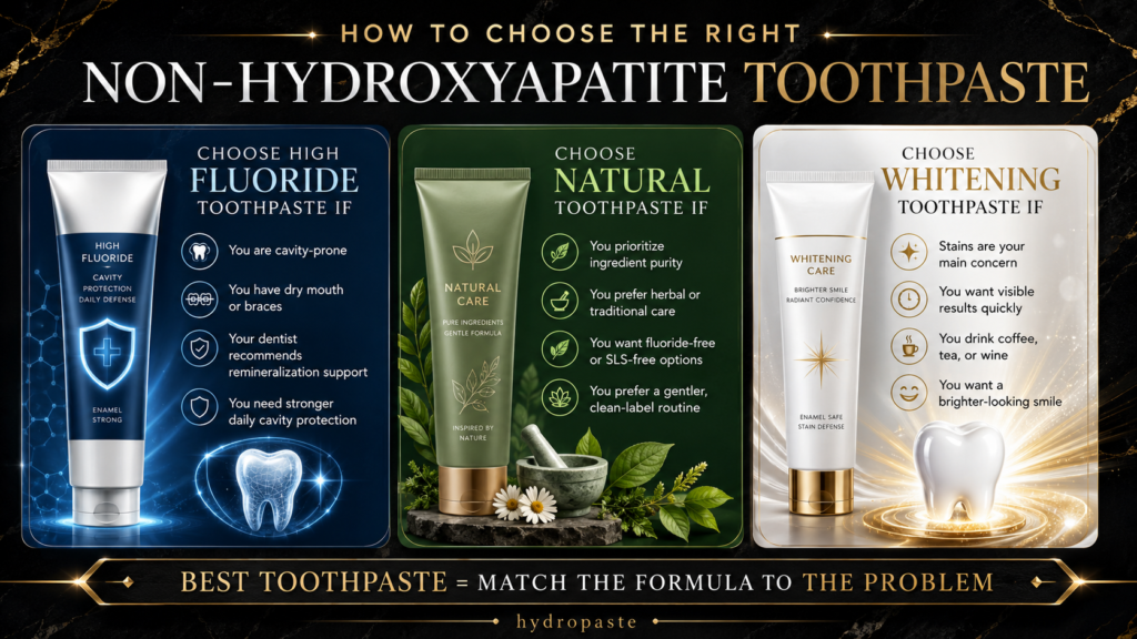 High fluoride toothpaste decision guide comparing fluoride, natural, and whitening toothpaste for cavity protection, ingredient purity, stain removal, and non-hydroxyapatite oral care.
