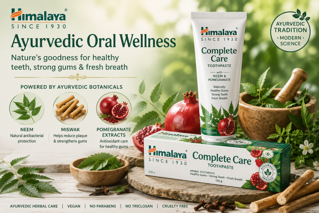 Himalaya herbal toothpaste image showing fluoride free toothpaste, SLS free toothpaste, toothpaste without fluoride, neem, miswak, and pomegranate for natural oral care.