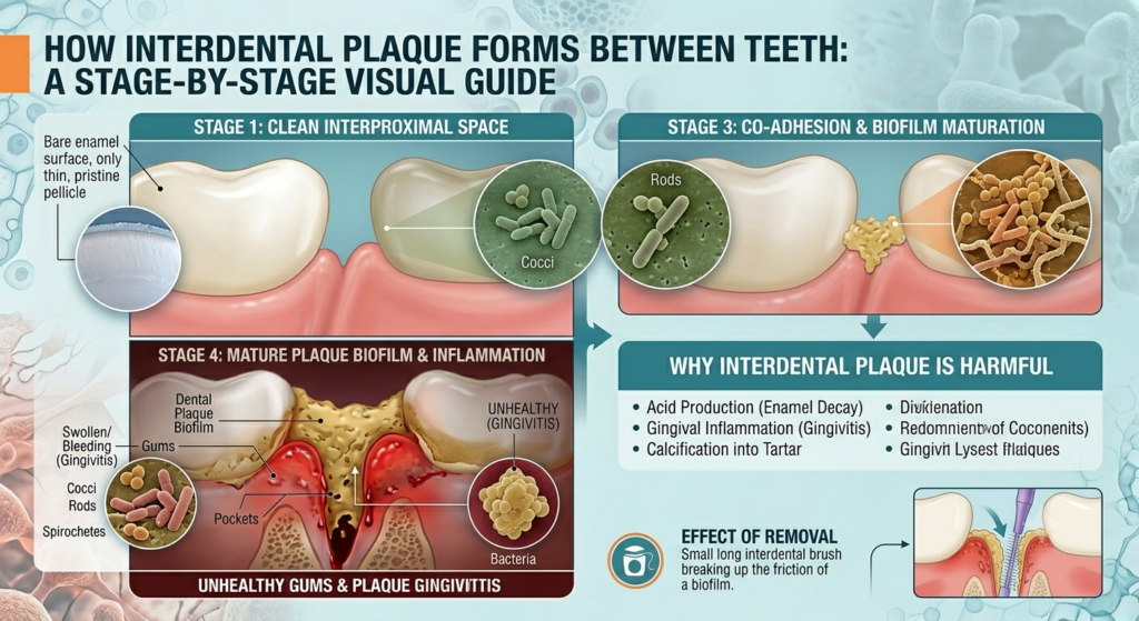 A scientific infographic detailing the stages of interdental plaque formation between teeth, highlighting clean interproximal spaces, bacterial co-adhesion, mature plaque biofilm, and the final effect of mechanical plaque removal using an interdental brush.