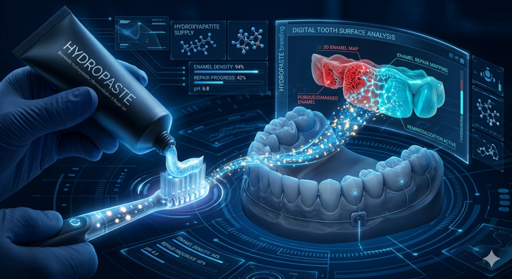 A dark futuristic dental technology interface showcasing Hydropaste biomimetic hydroxyapatite toothpaste being applied to a smart toothbrush, featuring glowing mineral pathways, real-time enamel repair mapping, and a 3D digital tooth surface analysis.