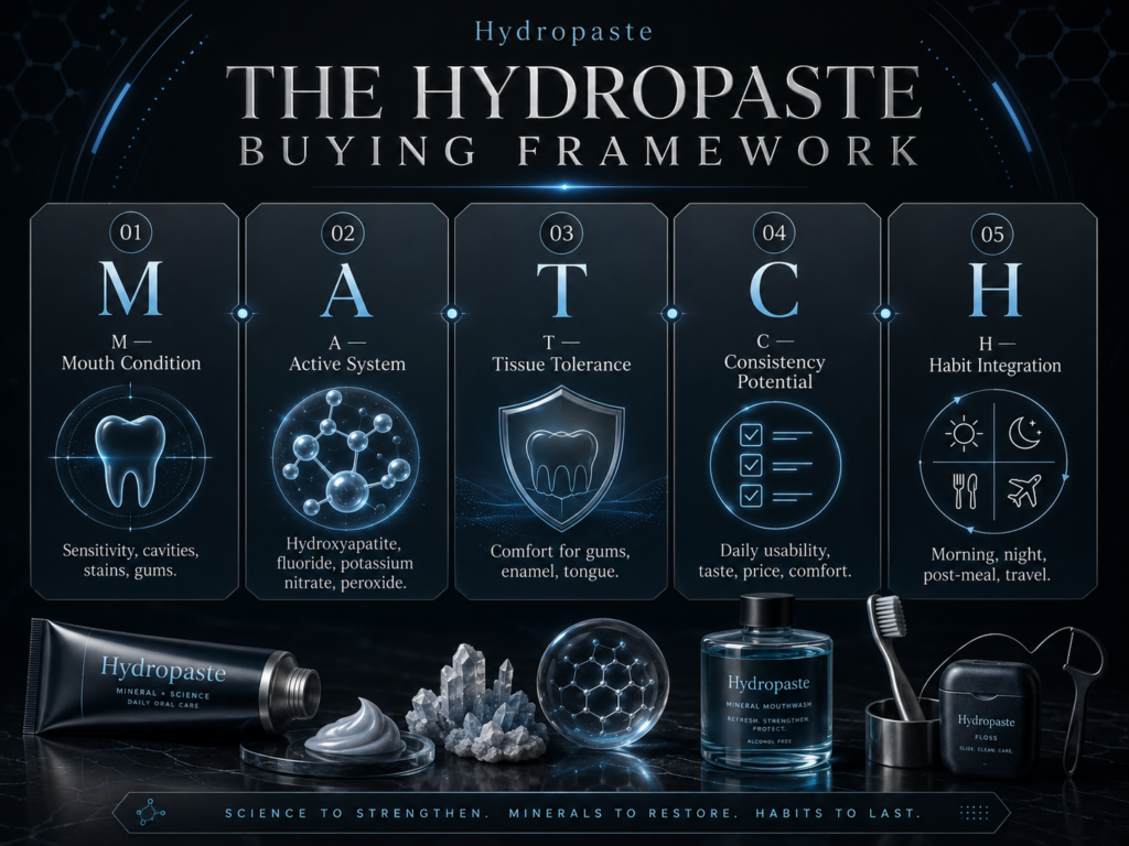 The Hydropaste Buying Framework infographic showing how to choose the best oral care products by mouth condition, active system, tissue tolerance, consistency potential, and habit integration.