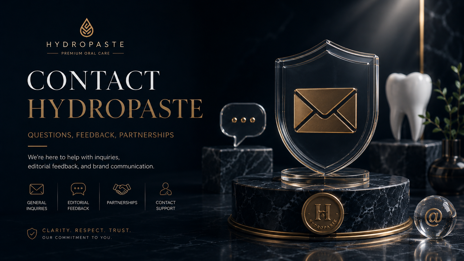 Hydropaste Contact page hero image with gold envelope, glass shield, support icons, editorial feedback, partnerships, and premium oral care branding.