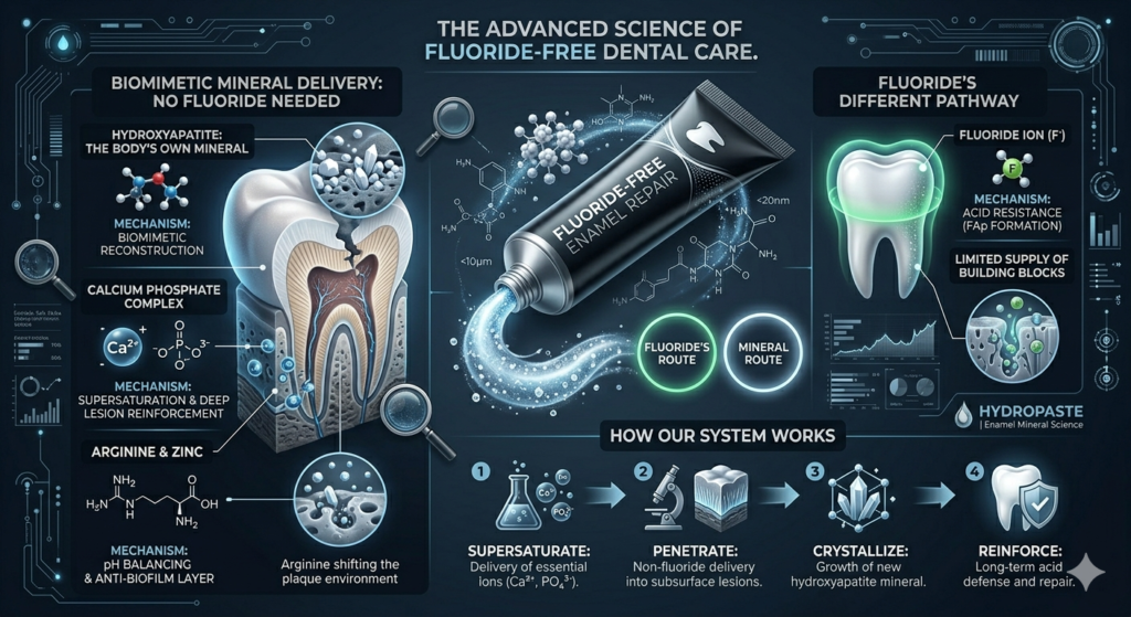 A dark detailed dental infographic illustrating the science of fluoride free toothpaste. The visual outlines the biomimetic mineral delivery pathway utilizing hydroxyapatite and a calcium phosphate complex to achieve supersaturation and deep lesion reinforcement without requiring fluoride.