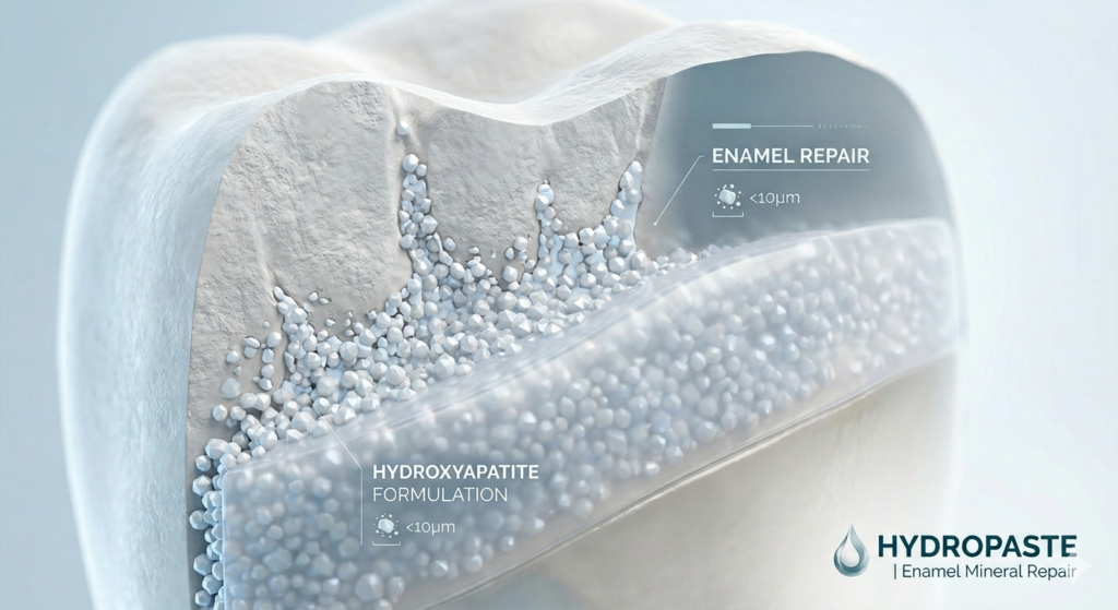 A premium dental science medical illustration showing a microscopic cutaway of a tooth surface where hydroxyapatite enamel repair particles are actively filling tiny defects and rough lesions to form a smooth, dense mineral protective layer under clean clinical lighting.