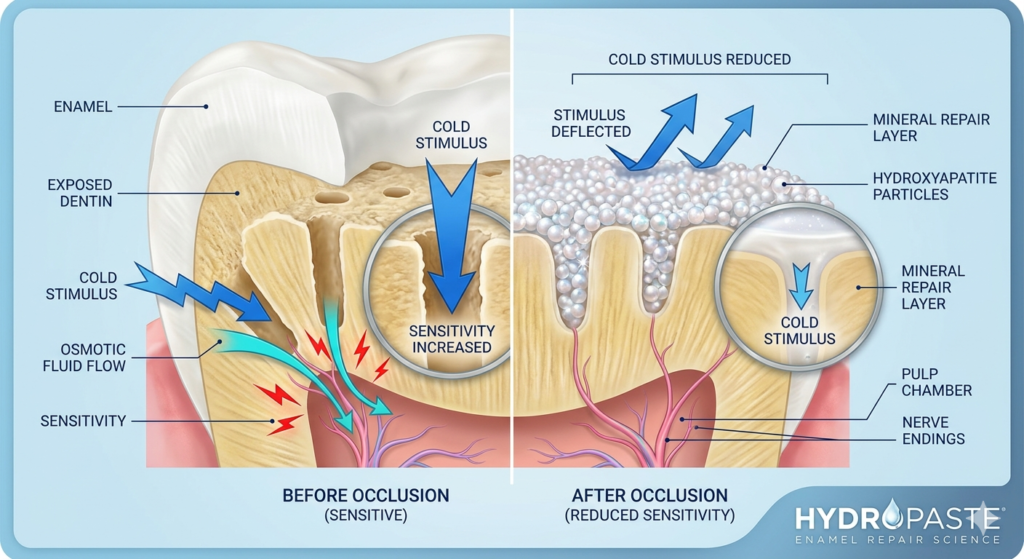A medical infographic comparing exposed dentin before and after occlusion. The left side shows an open dentinal tubule allowing cold stimuli and fluid flow to trigger nerve endings. The right side illustrates biomimetic hydroxyapatite particles blocking the tubule, forming a mineral repair layer that deflects cold stimuli.